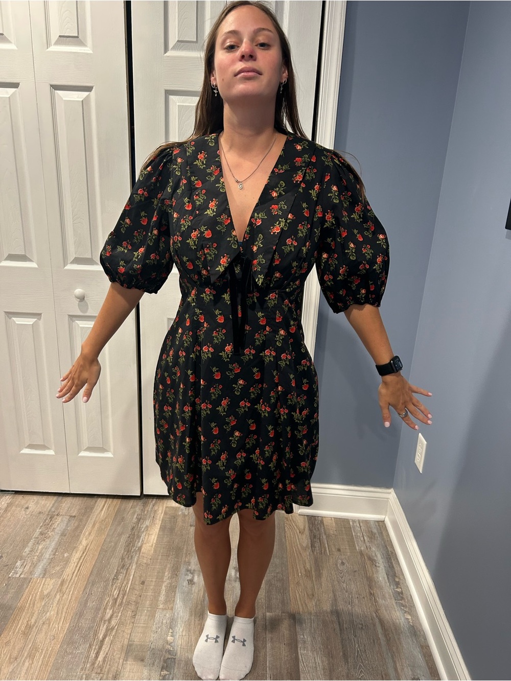 AUREUM Black Midi Dress with Red Rose Print